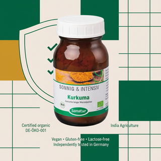 Sanatur Organic Turmeric product image with abstract DE-ÖKO-001 organic certification and German testing background