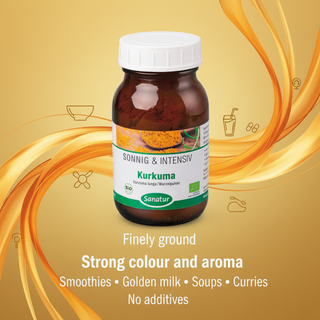 Sanatur Organic Turmeric product image with abstract culinary versatility, colour, aroma and no additives background