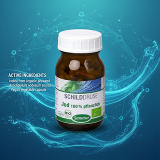 Sanatur BIO Iodine 100 percent with active ingredient wording on an abstract marine mineral background