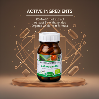 Sanatur Organic Ashwagandha with active ingredient wording on an abstract laboratory background