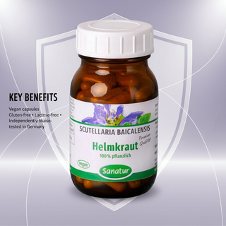 Sanatur Scutellaria Premium Extract with key benefits wording on an abstract premium background