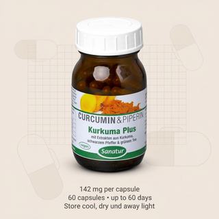 Sanatur Turmeric Plus with dosage and storage wording on an information-inspired background