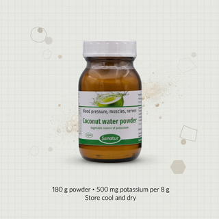 Sanatur Coconut Water Powder with serving and storage wording on an information-inspired background