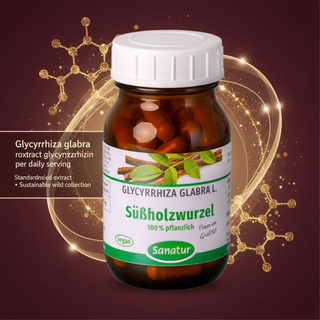 Sanatur Licorice Root Extract product image with abstract glycyrrhizin molecular background and ingredient wording