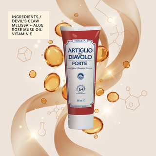 Natural Devil's Claw Cream ingredients visual with wording for Devil's Claw, Melissa, Aloe, Rose Musk Oil and Vitamin E