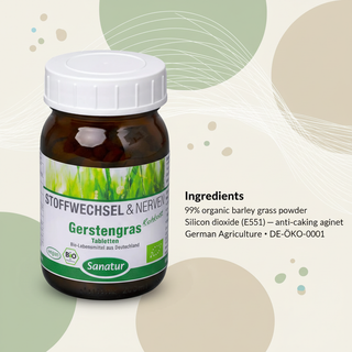 Sanatur organic barley grass ingredients and anti-caking agent information