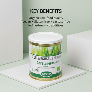 Sanatur Organic Barley Grass Powder with key benefits wording on a clean abstract quality background without powder
