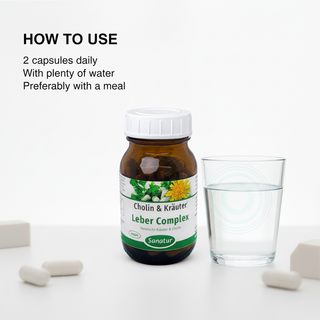 Sanatur Cholin and Herbs with usage wording on a clean water background