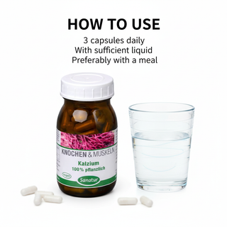 Sanatur Calcium 100 percent Vegetable with usage wording on a clean water background