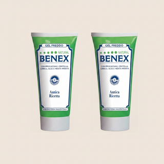 Two front-facing Natural Benex Cooling Leg Gel 50ml tubes by Erboristeria Magentina